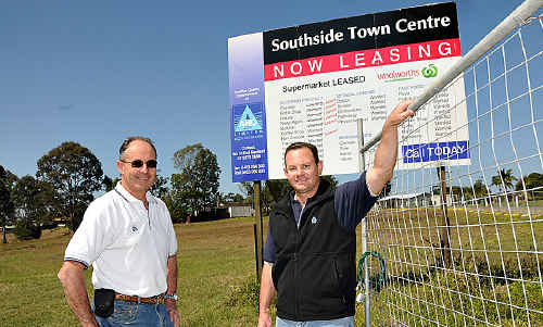 Southside Town Centre developers AHC Limited managing director Rod MacLeod and construction manager Wayne Lester on site in Gympie yesterday. Southside Town Centre developers AHC Limited managing director Rod MacLeod and construction manager Wayne Lester on site in Gympie yesterday.